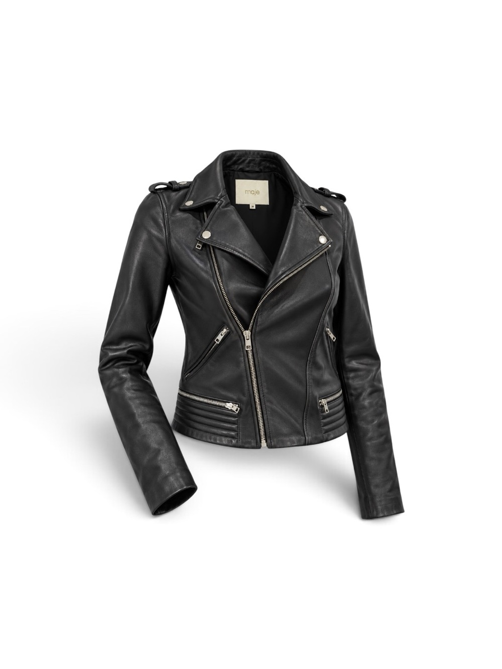 Maje Black Leather Jacket with Silver Hardware